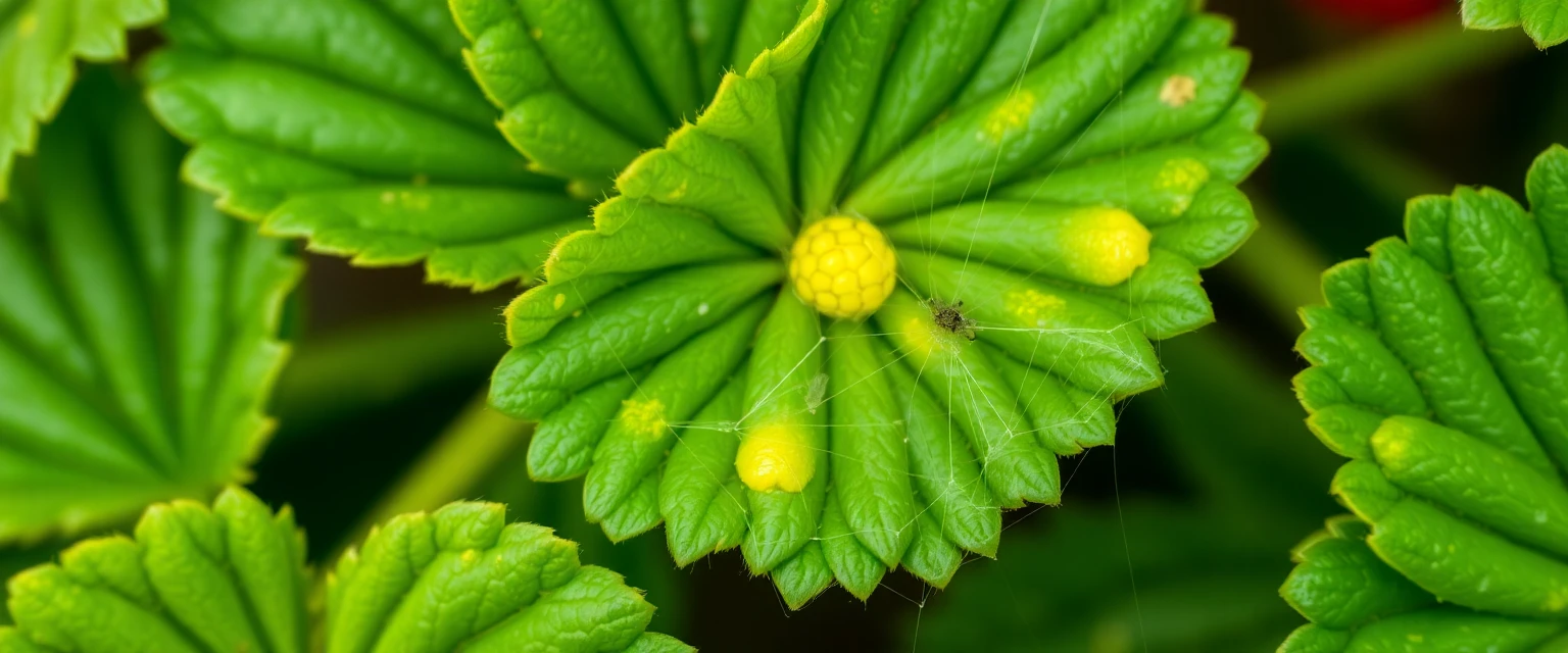 Hojas de fresa con manchas amarillentas y telarañas finas, síntomas de infestación de araña roja